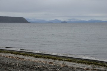 Lake Taupo on a cloudy day.  The lake is huge, an approximately circular inland sea
