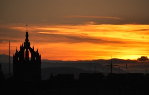St. Giles' Cathedral spires at sunset