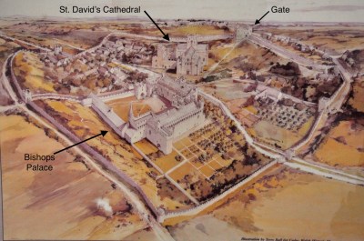 Illustration of St. David's Cathedral and the Bishop's Palace in the 1500's